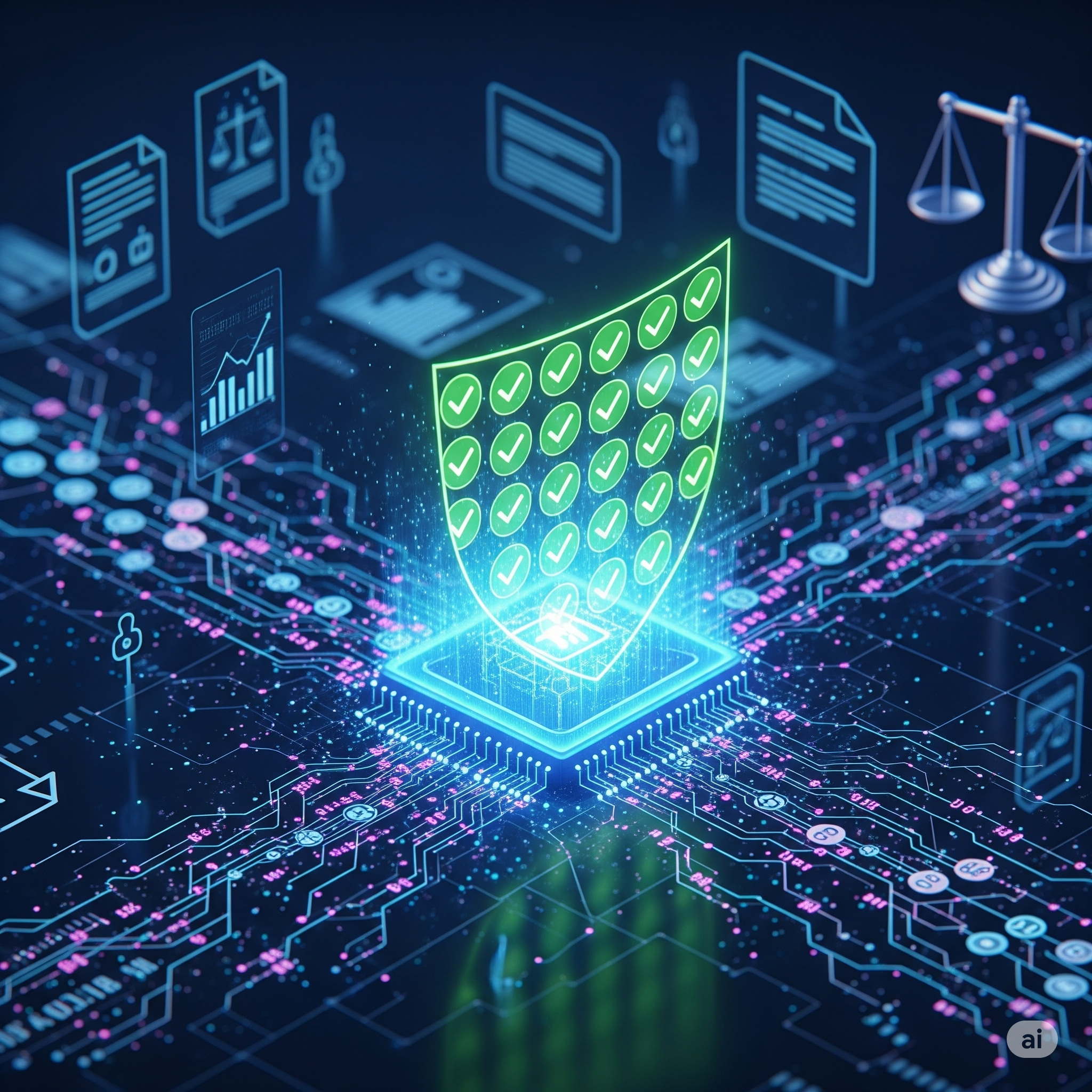"A digital circuit board with financial data streams flowing into a central processing unit, which projects a glowing shield filled with green checkmarks, symbolizing robust AI financial compliance and the power of Regulatory tech AI in ensuring security and adherence to regulations."