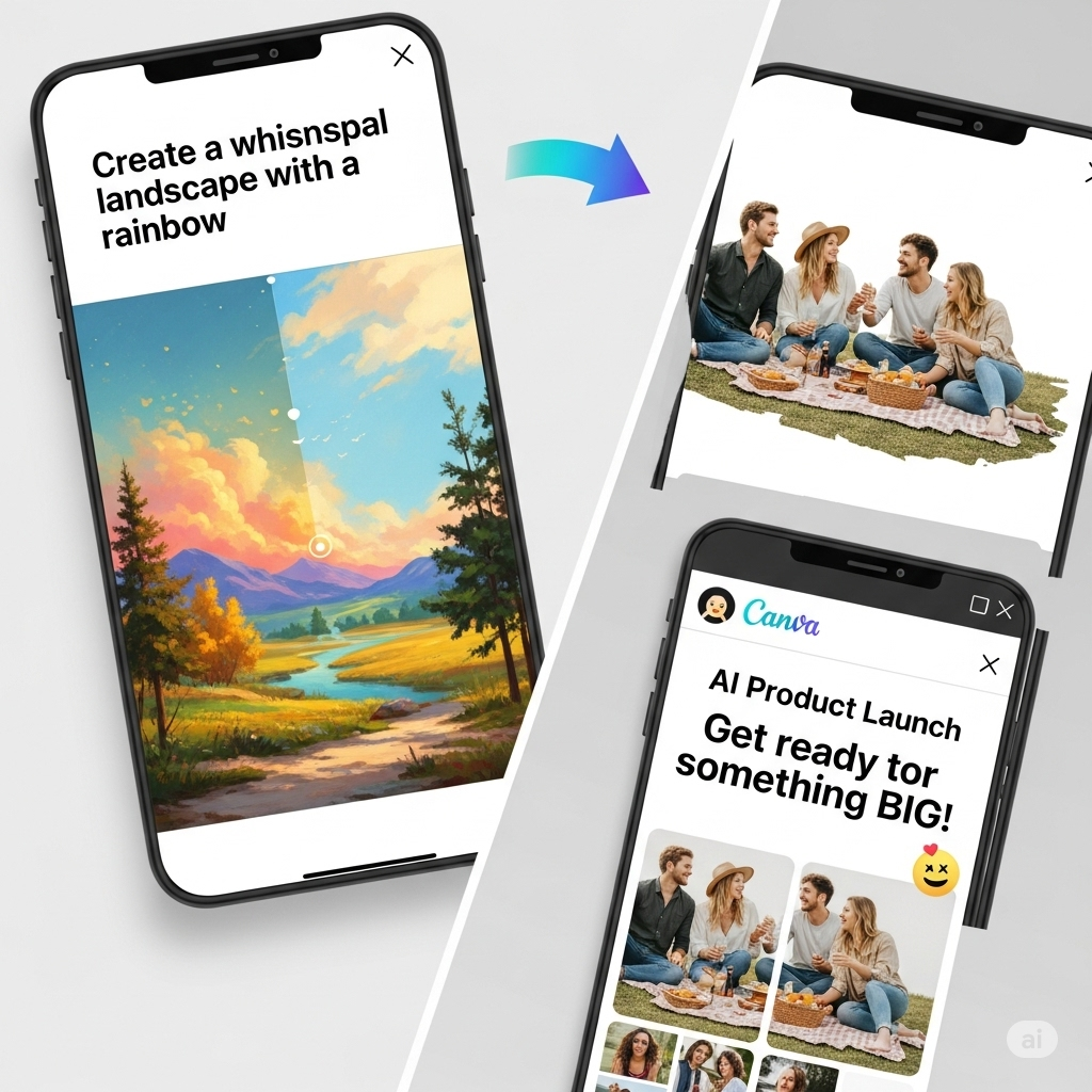 An image showcasing Canva AI features in action for social media content creation, including text-to-image generation, background removal, and AI-generated captions.