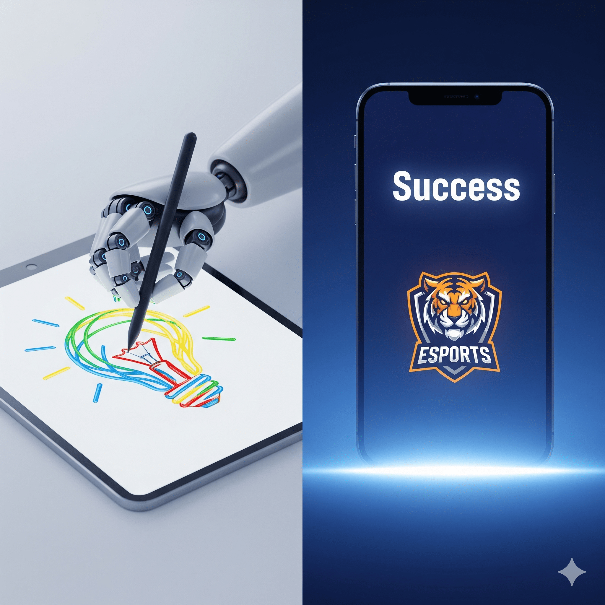 A 3D illustration showing a robot arm using an ai logo generator free to create a business brand and a gaming mascot.